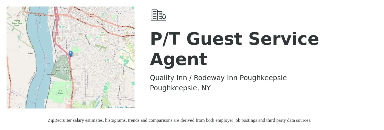Quality Inn / Rodeway Inn Poughkeepsie job posting for a P/T Guest Service Agent in Poughkeepsie, NY with a salary of $15 to $19 Hourly with a map of Poughkeepsie location.