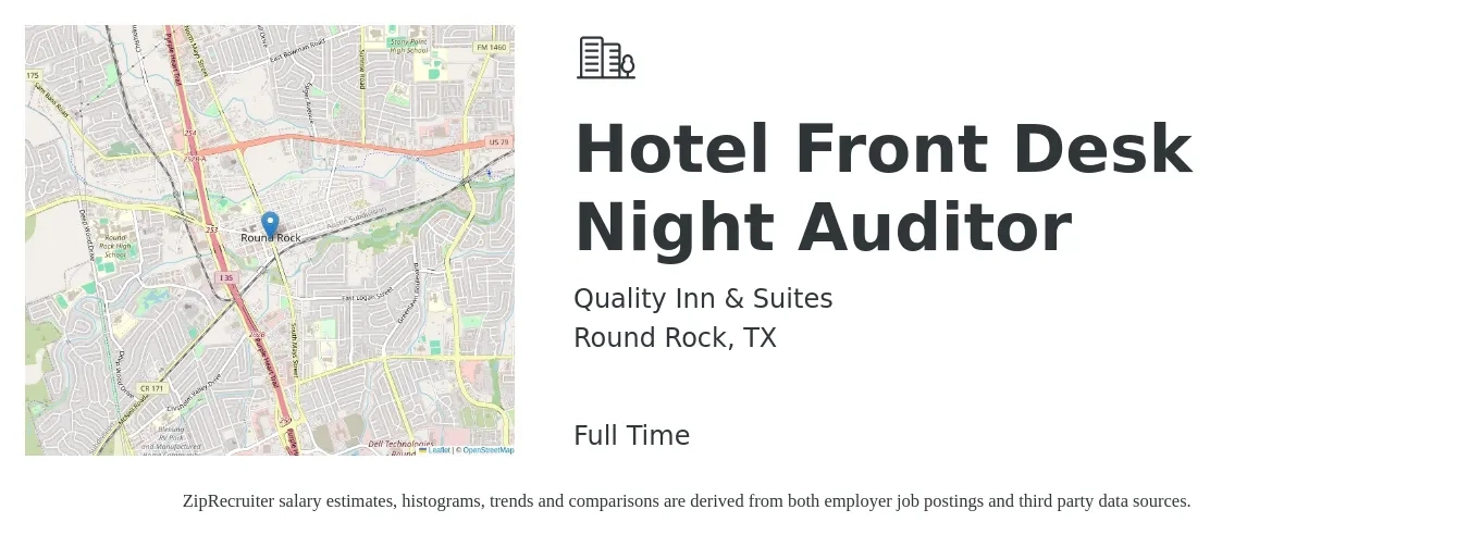 Quality Inn & Suites job posting for a Hotel Front Desk Night Auditor in Round Rock, TX with a salary of $14 to $19 Hourly with a map of Round Rock location.