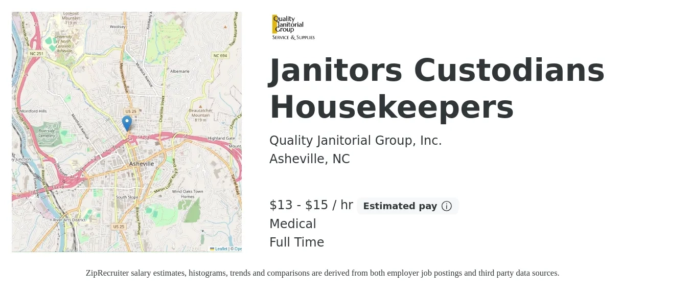 Quality Janitorial Group, Inc. job posting for a Janitors Custodians Housekeepers in Asheville, NC with a salary of $14 to $16 Hourly and benefits including retirement, life_insurance, and medical with a map of Asheville location.