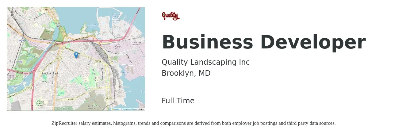 Quality Landscaping Inc job posting for a Business Developer in Brooklyn, MD with a salary of $48,100 to $104,200 Yearly with a map of Brooklyn location.