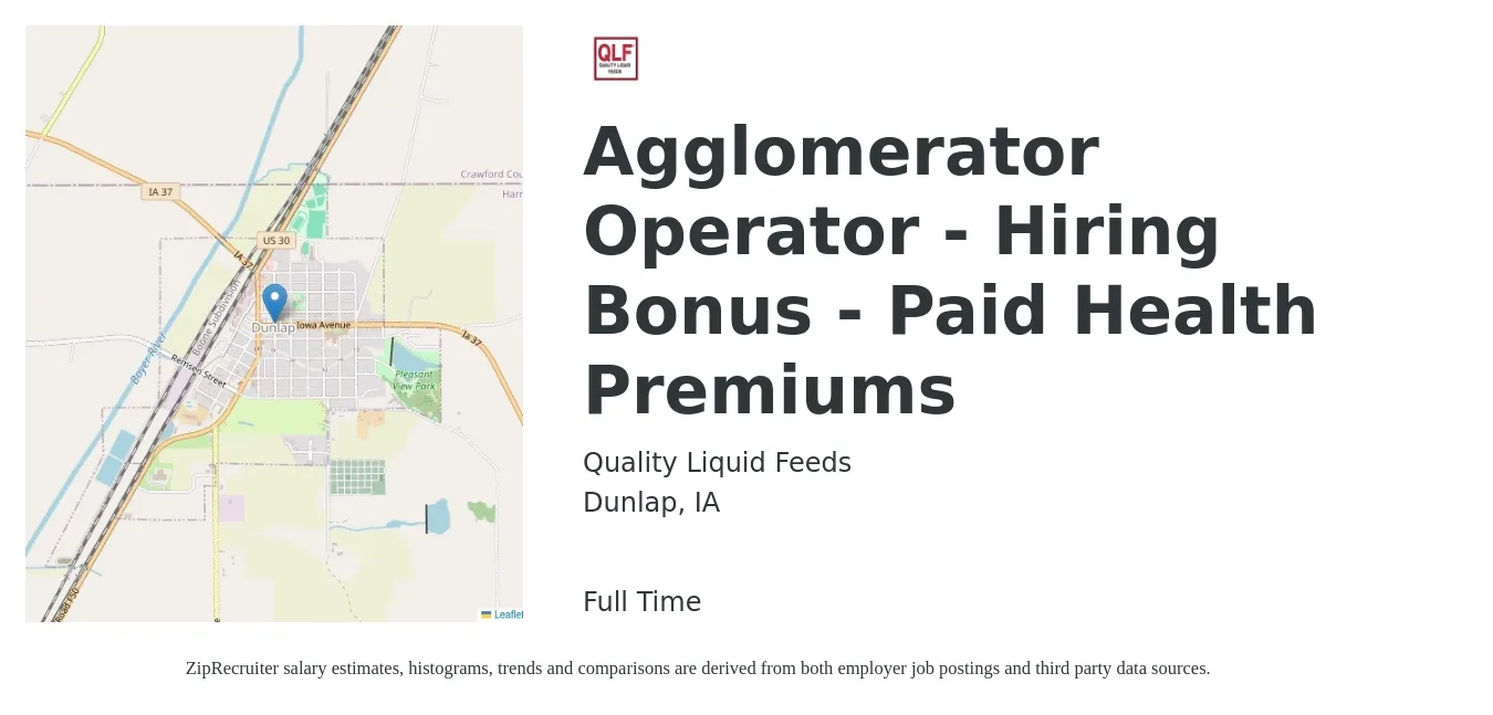 Quality Liquid Feeds job posting for a Agglomerator Operator - Hiring Bonus - Paid Health Premiums in Dunlap, IA with a salary of $18 Hourly with a map of Dunlap location.