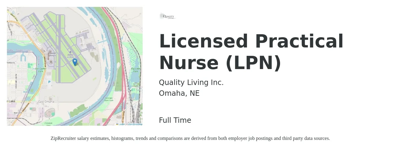 Quality Living Inc. job posting for a Licensed Practical Nurse (LPN) in Omaha, NE with a salary of $25 to $34 Hourly with a map of Omaha location.