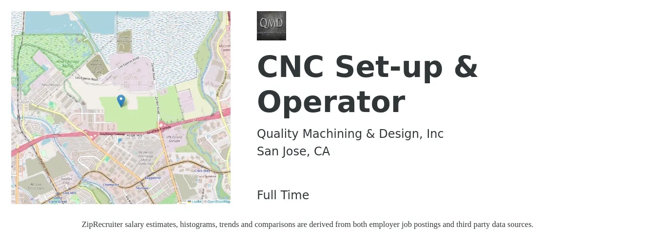 Quality Machining & Design, Inc job posting for a CNC Set-up & Operator in San Jose, CA with a salary of $25 to $34 Hourly with a map of San Jose location.
