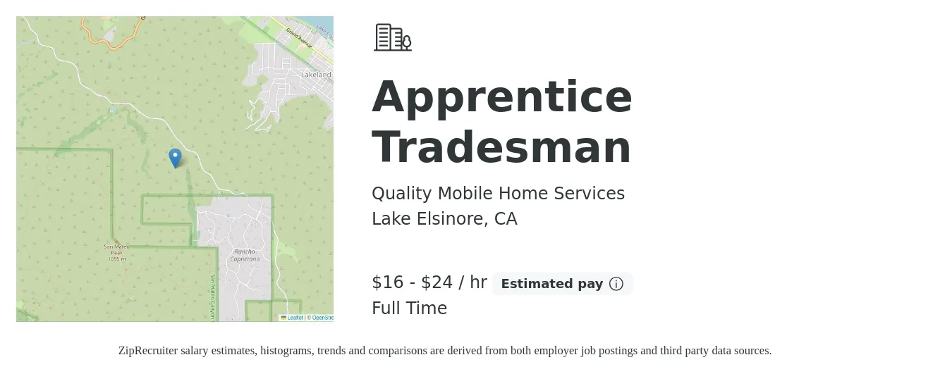 Quality Mobile Home Services job posting for a Apprentice Tradesman in Lake Elsinore, CA with a salary of $17 to $25 Hourly with a map of Lake Elsinore location.