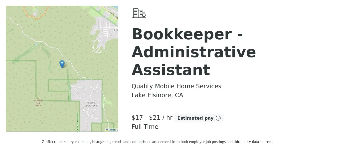 Quality Mobile Home Services job posting for a Bookkeeper - Administrative Assistant in Lake Elsinore, CA with a salary of $18 to $22 Hourly with a map of Lake Elsinore location.