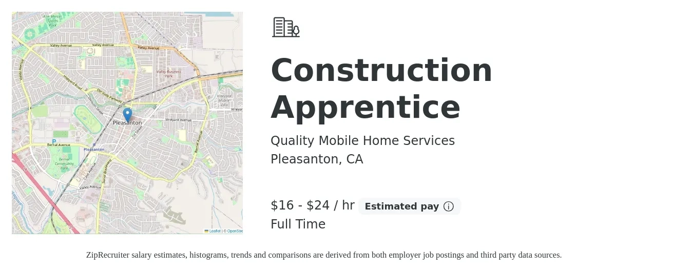 Quality Mobile Home Services job posting for a Construction Apprentice in Pleasanton, CA with a salary of $17 to $25 Hourly with a map of Pleasanton location.