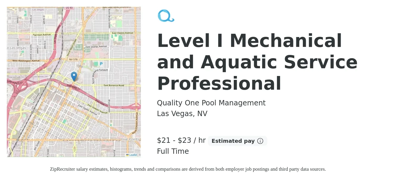 Quality One Pool Management job posting for a Level I Mechanical and Aquatic Service Professional in Las Vegas, NV with a salary of $24 to $25 Hourly with a map of Las Vegas location.