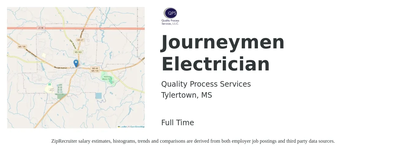 Quality Process Services job posting for a Journeymen Electrician in Tylertown, MS with a salary of $24 to $33 Hourly with a map of Tylertown location.