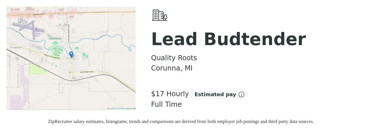 Quality Roots job posting for a Lead Budtender in Corunna, MI with a salary of $18 Hourly with a map of Corunna location.