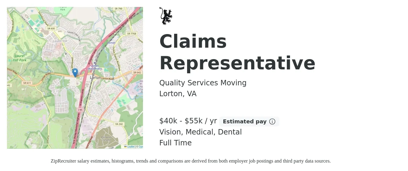 Quality Services Moving job posting for a Claims Representative in Lorton, VA with a salary of $40,000 to $55,000 Yearly and benefits including dental, medical, retirement, and vision with a map of Lorton location.