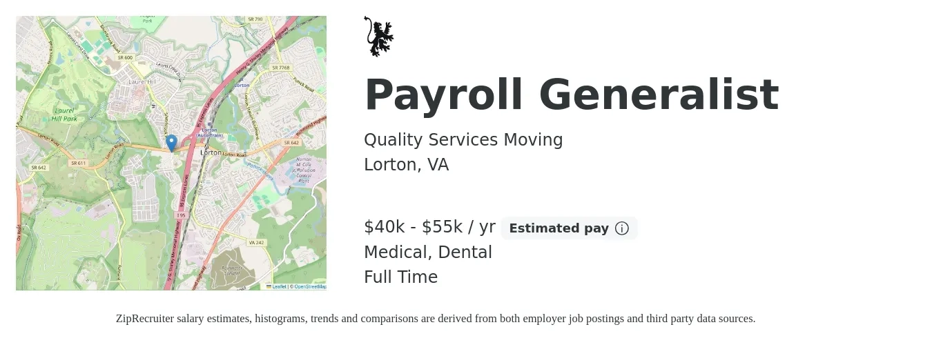 Quality Services Moving job posting for a Payroll Generalist in Lorton, VA with a salary of $40,000 to $55,000 Yearly and benefits including medical, pto, retirement, and dental with a map of Lorton location.