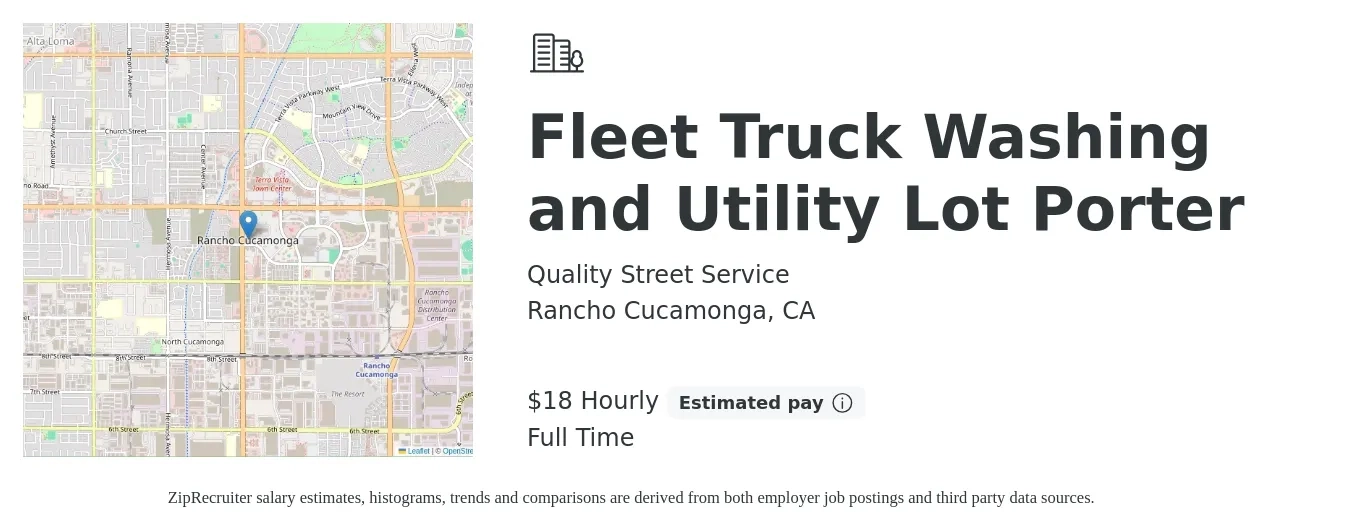 Quality Street Service job posting for a Fleet Truck Washing and Utility Lot Porter in Rancho Cucamonga, CA with a salary of $19 Hourly with a map of Rancho Cucamonga location.