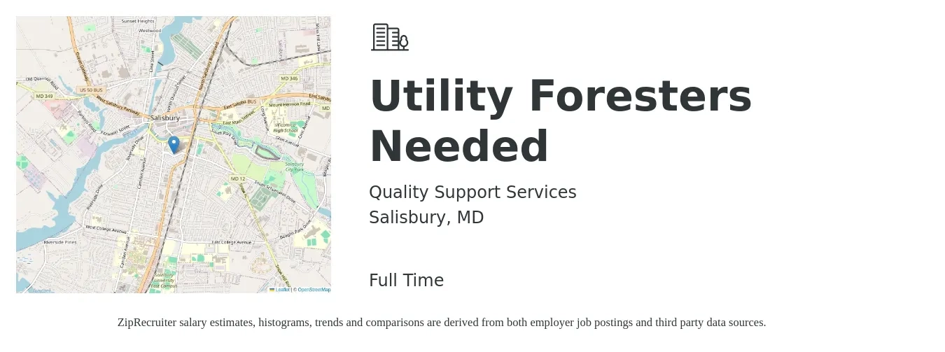 Quality Support Services job posting for a Utility Foresters Needed in Salisbury, MD with a salary of $18 to $29 Hourly with a map of Salisbury location.