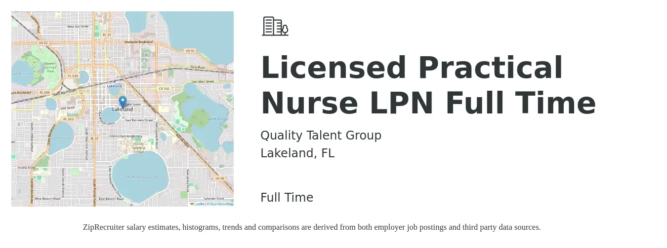 Quality Talent Group job posting for a Licensed Practical Nurse LPN Full Time in Lakeland, FL with a salary of $24 to $33 Hourly with a map of Lakeland location.