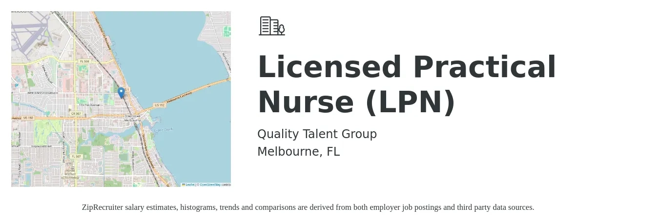 Quality Talent Group job posting for a Licensed Practical Nurse (LPN) in Melbourne, FL with a salary of $24 to $32 Hourly with a map of Melbourne location.
