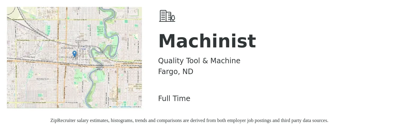 Quality Tool & Machine job posting for a Machinist in Fargo, ND with a salary of $23 to $30 Hourly with a map of Fargo location.