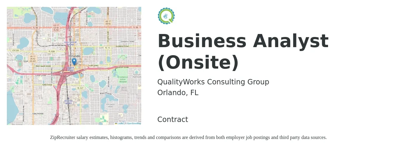 QualityWorks Consulting Group job posting for a Business Analyst (Onsite) in Orlando, FL with a salary of $34 to $58 Hourly with a map of Orlando location.