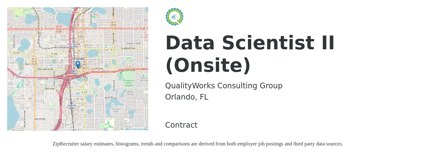 QualityWorks Consulting Group job posting for a Data Scientist II (Onsite) in Orlando, FL with a salary of $124,600 to $158,700 Yearly with a map of Orlando location.