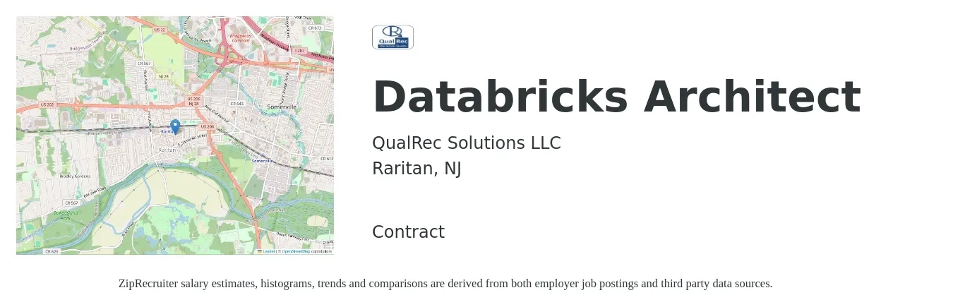 QualRec Solutions LLC job posting for a Databricks Architect in Raritan, NJ with a salary of $66 to $87 Hourly with a map of Raritan location.