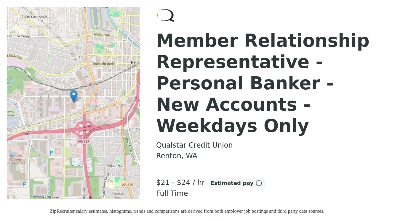 Qualstar Credit Union job posting for a Member Relationship Representative - Personal Banker - New Accounts - Weekdays Only in Renton, WA with a salary of $22 to $25 Hourly with a map of Renton location.