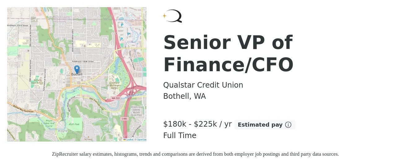 Qualstar Credit Union job posting for a Senior VP of Finance/CFO in Bothell, WA with a salary of $152,600 to $221,900 Yearly with a map of Bothell location.