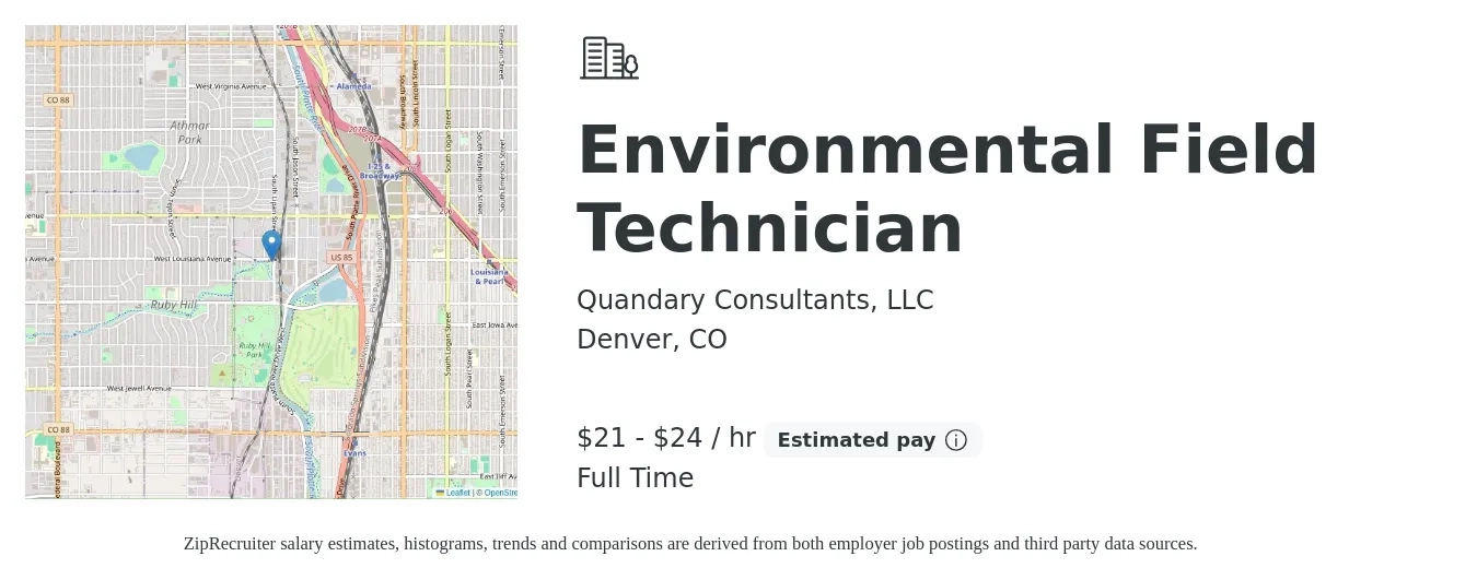 Quandary Consultants, LLC job posting for a Environmental Field Technician in Denver, CO with a salary of $22 to $25 Hourly with a map of Denver location.