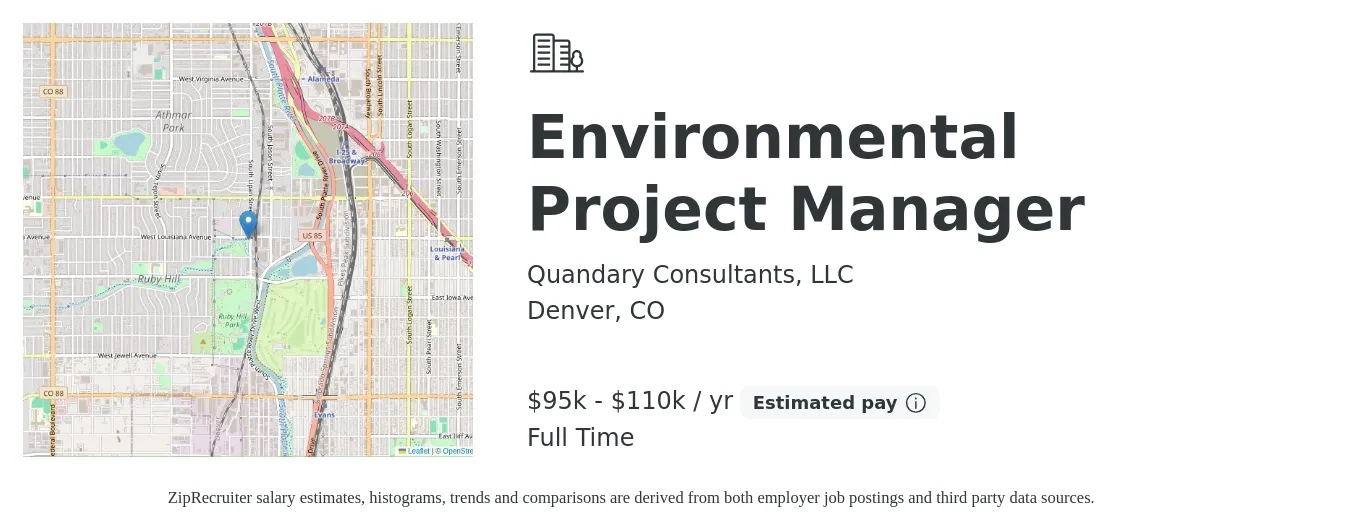 Quandary Consultants, LLC job posting for a Environmental Project Manager in Denver, CO with a salary of $95,000 to $110,000 Yearly with a map of Denver location.