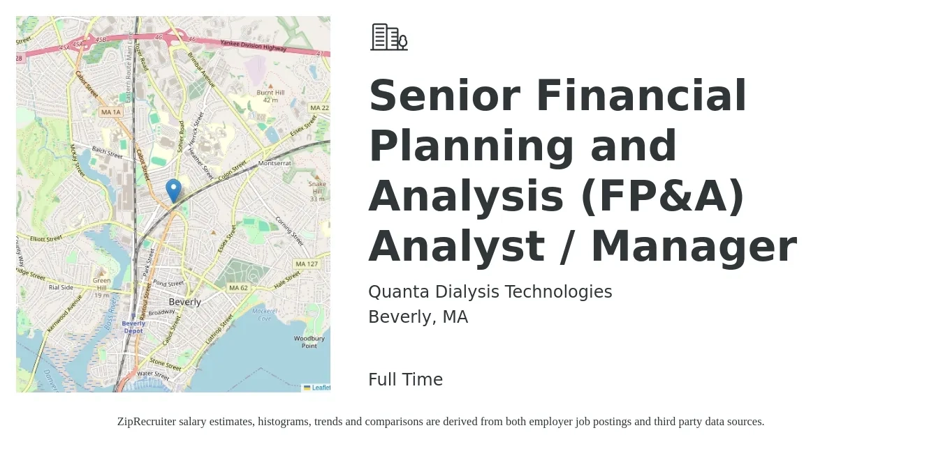 Quanta Dialysis Technologies job posting for a Senior Financial Planning and Analysis (FP&A) Analyst / Manager in Beverly, MA with a salary of $94,400 to $117,500 Yearly with a map of Beverly location.