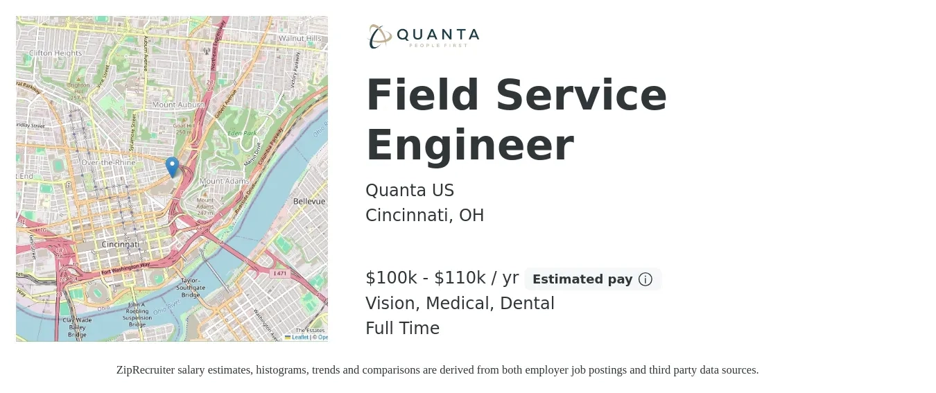 Quanta US job posting for a Field Service Engineer in Cincinnati, OH with a salary of $100,000 to $110,000 Yearly (plus commission) and benefits including pto, vision, dental, and medical with a map of Cincinnati location.