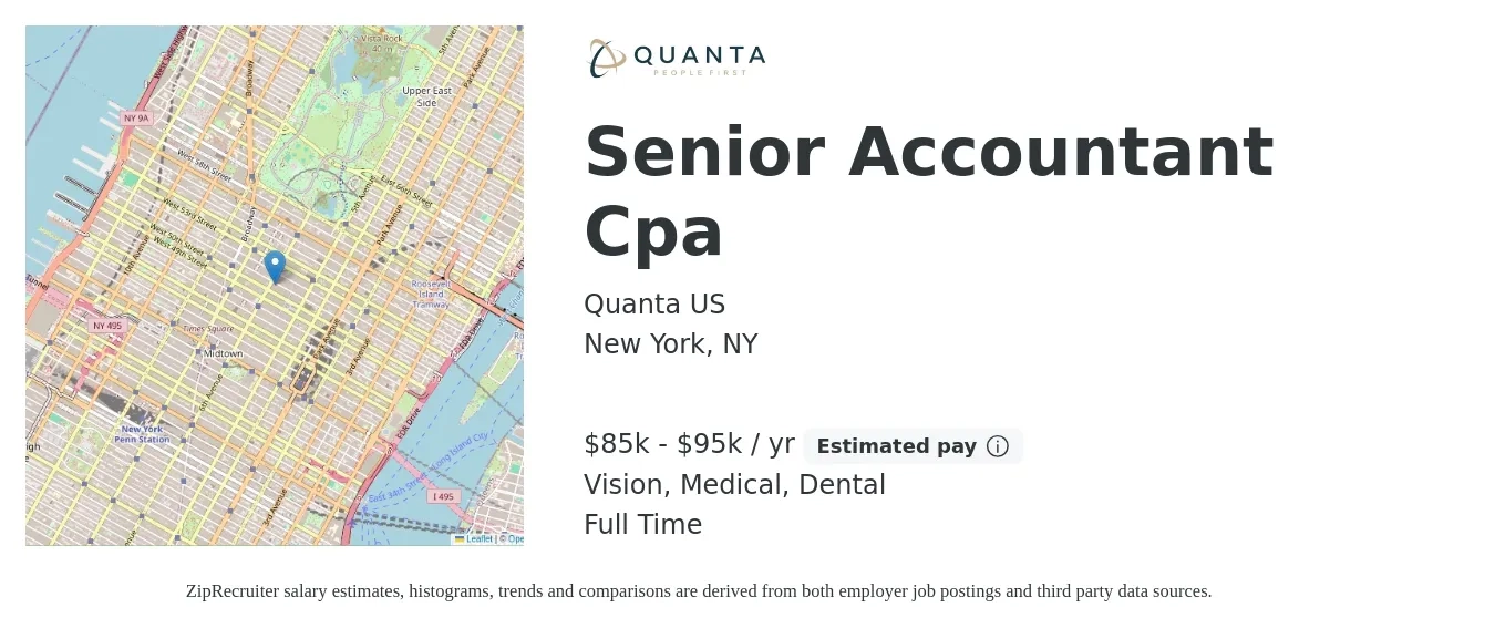 Quanta US job posting for a Senior Accountant Cpa in New York, NY with a salary of $85,000 to $95,000 Yearly and benefits including vision, dental, medical, pto, and retirement with a map of New York location.