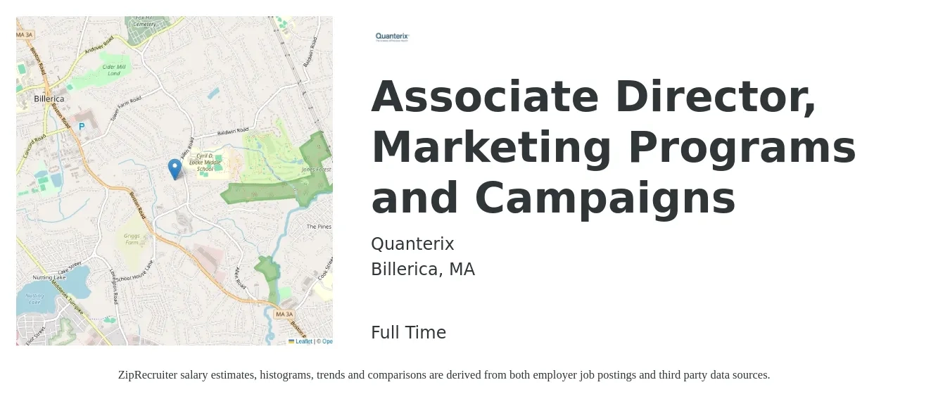 Quanterix job posting for a Associate Director, Marketing Programs and Campaigns in Billerica, MA with a salary of $36,600 to $118,900 Yearly with a map of Billerica location.