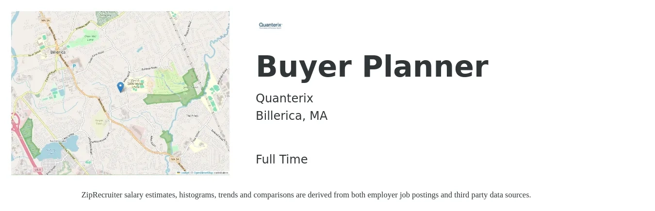 Quanterix job posting for a Buyer Planner in Billerica, MA with a salary of $60,500 to $83,400 Yearly with a map of Billerica location.