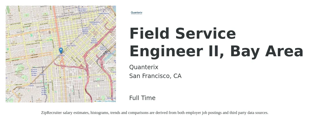 Quanterix job posting for a Field Service Engineer II, Bay Area in San Francisco, CA with a salary of $67,200 to $99,600 Yearly with a map of San Francisco location.