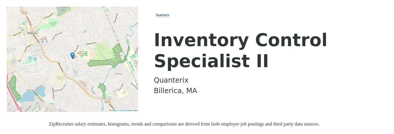 Quanterix job posting for a Inventory Control Specialist II in Billerica, MA with a salary of $19 to $25 Hourly with a map of Billerica location.