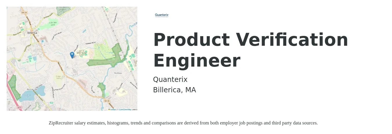 Quanterix job posting for a Product Verification Engineer in Billerica, MA with a salary of $144,400 Yearly with a map of Billerica location.