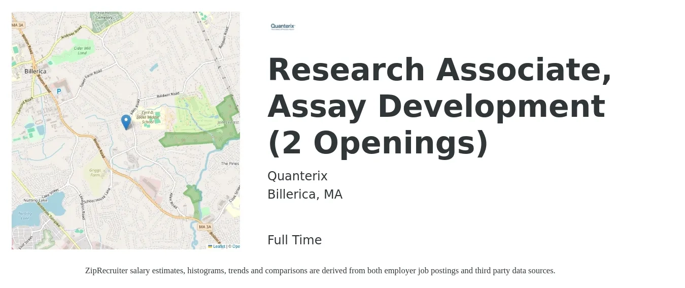 Quanterix job posting for a Research Associate, Assay Development (2 Openings) in Billerica, MA with a salary of $29 to $41 Hourly with a map of Billerica location.