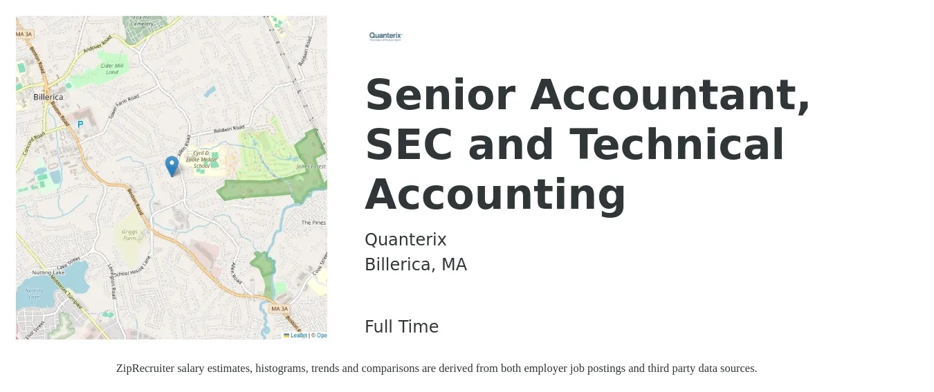 Quanterix job posting for a Senior Accountant, SEC and Technical Accounting in Billerica, MA with a salary of $78,600 to $98,800 Yearly with a map of Billerica location.