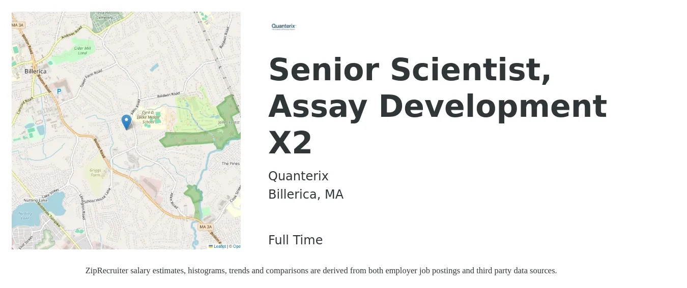 Quanterix job posting for a Senior Scientist, Assay Development X2 in Billerica, MA with a salary of $97,200 to $132,700 Yearly with a map of Billerica location.
