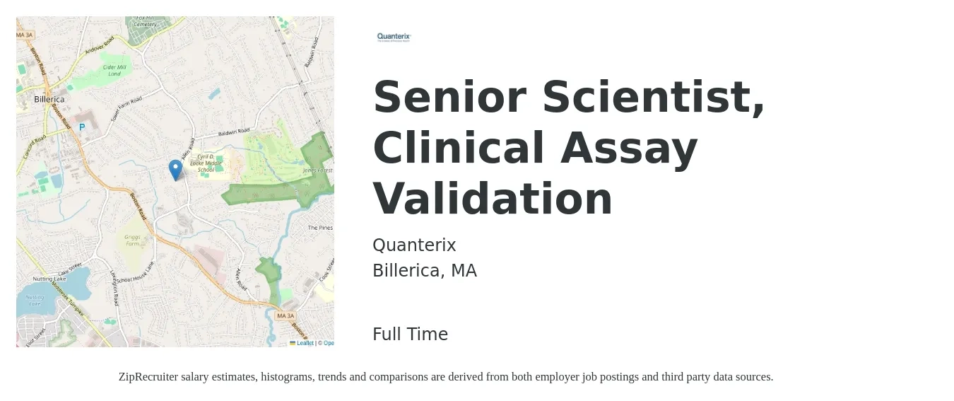 Quanterix job posting for a Senior Scientist, Clinical Assay Validation in Billerica, MA with a salary of $59 to $87 Hourly with a map of Billerica location.