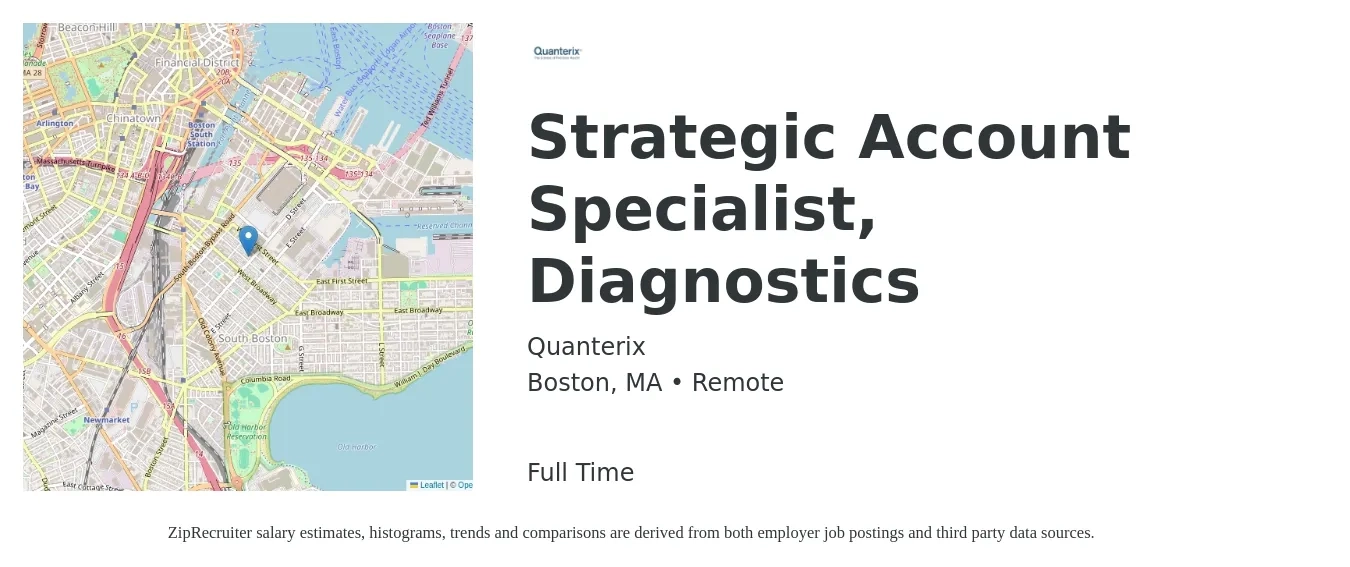 Quanterix job posting for a Strategic Account Specialist, Diagnostics in Boston, MA with a salary of $21 to $28 Hourly with a map of Boston location.