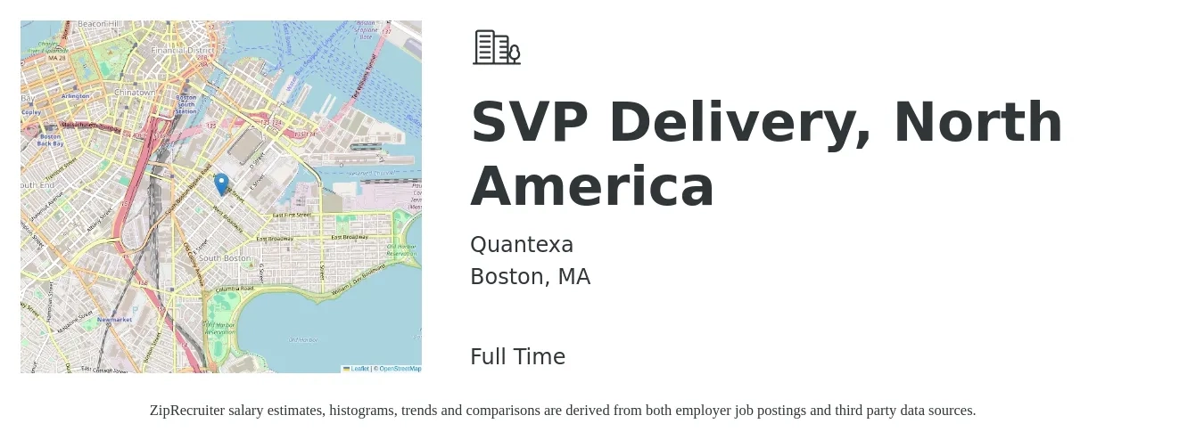 Quantexa job posting for a SVP Delivery, North America in Boston, MA with a salary of $52,700 to $124,900 Yearly with a map of Boston location.