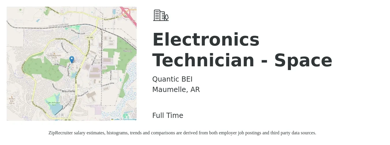 Quantic BEI job posting for a Electronics Technician - Space in Maumelle, AR with a salary of $39,200 to $59,700 Yearly with a map of Maumelle location.