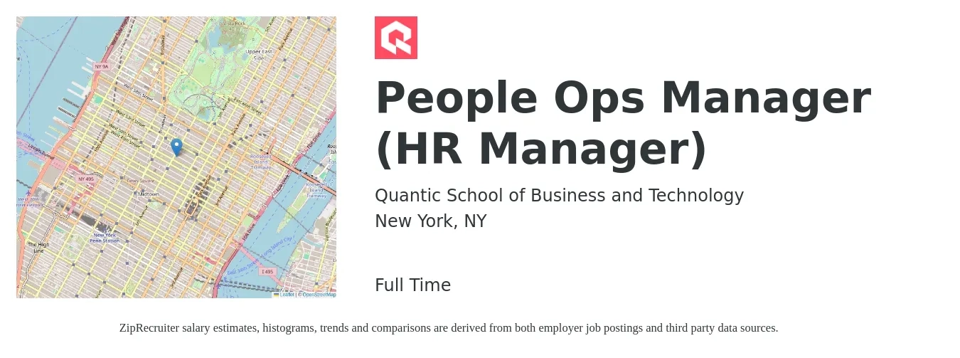 Quantic School of Business and Technology job posting for a People Ops Manager (HR Manager) in New York, NY with a salary of $75,500 to $109,400 Yearly with a map of New York location.