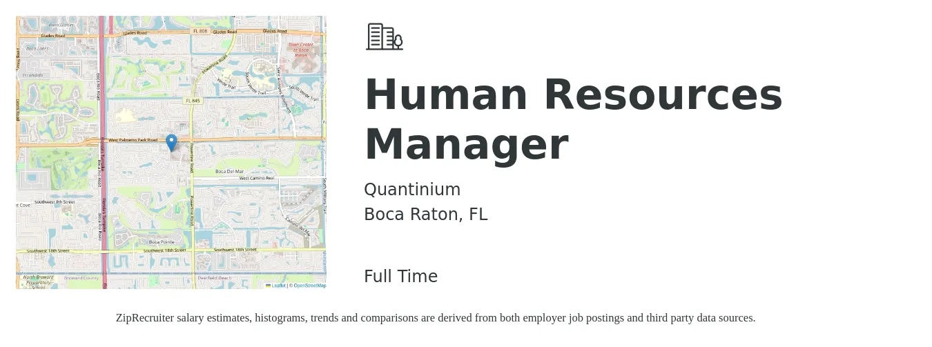 Quantinium job posting for a Human Resources Manager in Boca Raton, FL with a salary of $65,300 to $94,600 Yearly with a map of Boca Raton location.