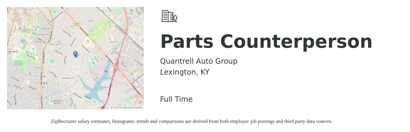 Quantrell Auto Group job posting for a Parts Counterperson in Lexington, KY with a salary of $18 to $24 Hourly with a map of Lexington location.