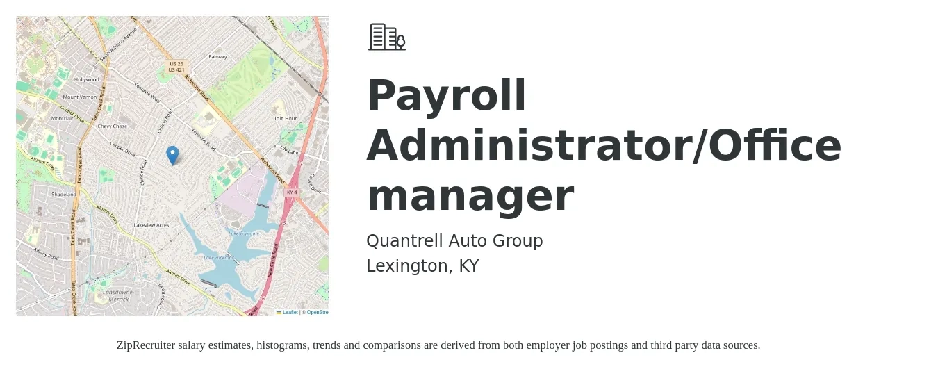 Quantrell Auto Group job posting for a Payroll Administrator/Office manager in Lexington, KY with a salary of $24 to $33 Hourly with a map of Lexington location.
