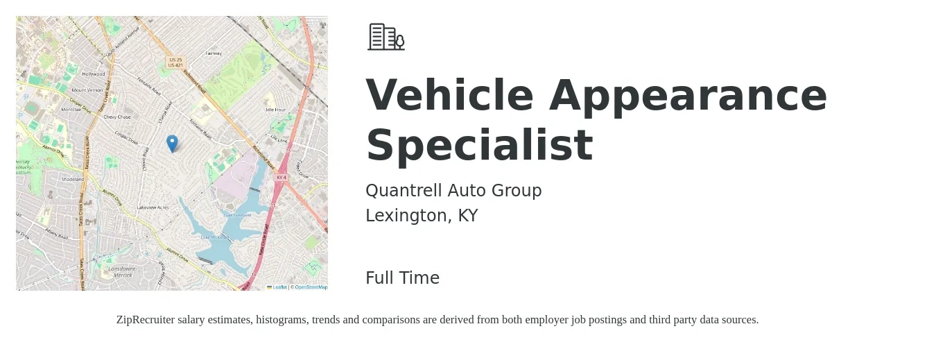Quantrell Auto Group job posting for a Vehicle Appearance Specialist in Lexington, KY with a salary of $13 to $22 Hourly with a map of Lexington location.