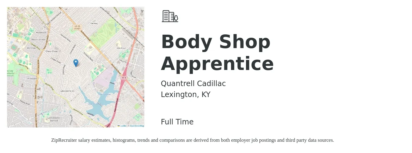 Quantrell Cadillac job posting for a Body Shop Apprentice in Lexington, KY with a salary of $18 to $37 Hourly with a map of Lexington location.