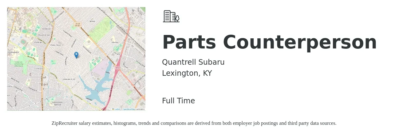 Quantrell Subaru job posting for a Parts Counterperson in Lexington, KY with a salary of $18 to $24 Hourly with a map of Lexington location.