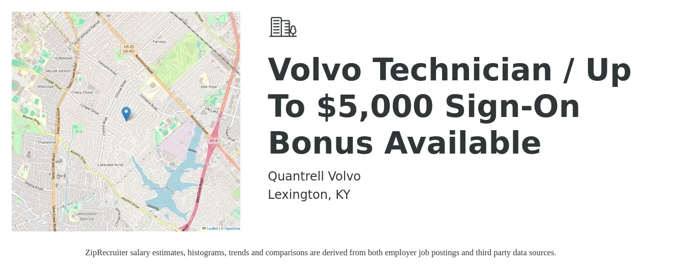 Quantrell Volvo job posting for a Volvo Technician / Up To $5,000 Sign-On Bonus Available in Lexington, KY with a salary of $18 to $30 Hourly with a map of Lexington location.